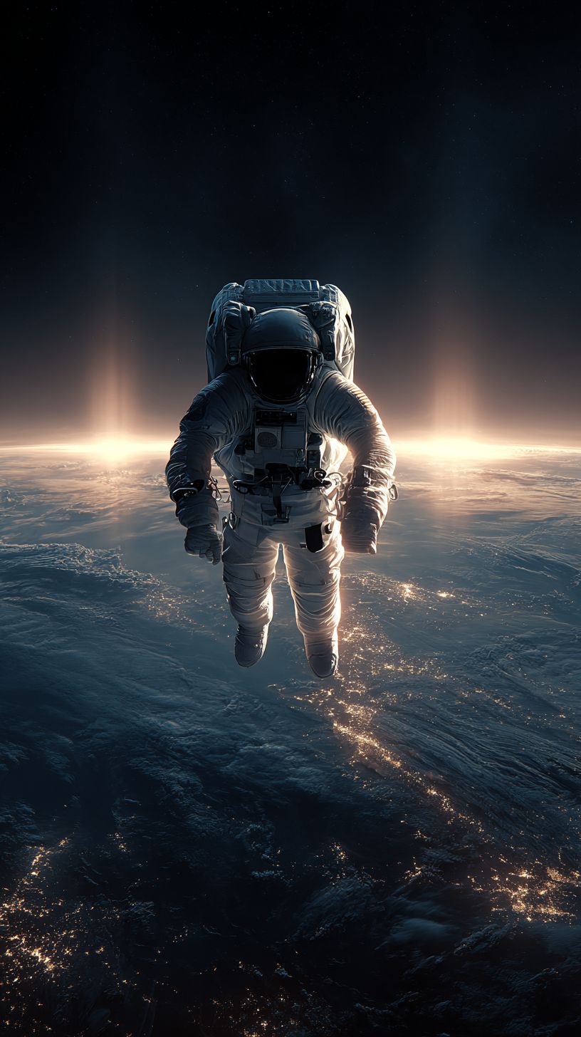 一幅超高真实感的IMAX 70mm全景壁纸描绘了两颗球形行星和一名宇航员在黑暗深渊中的场景