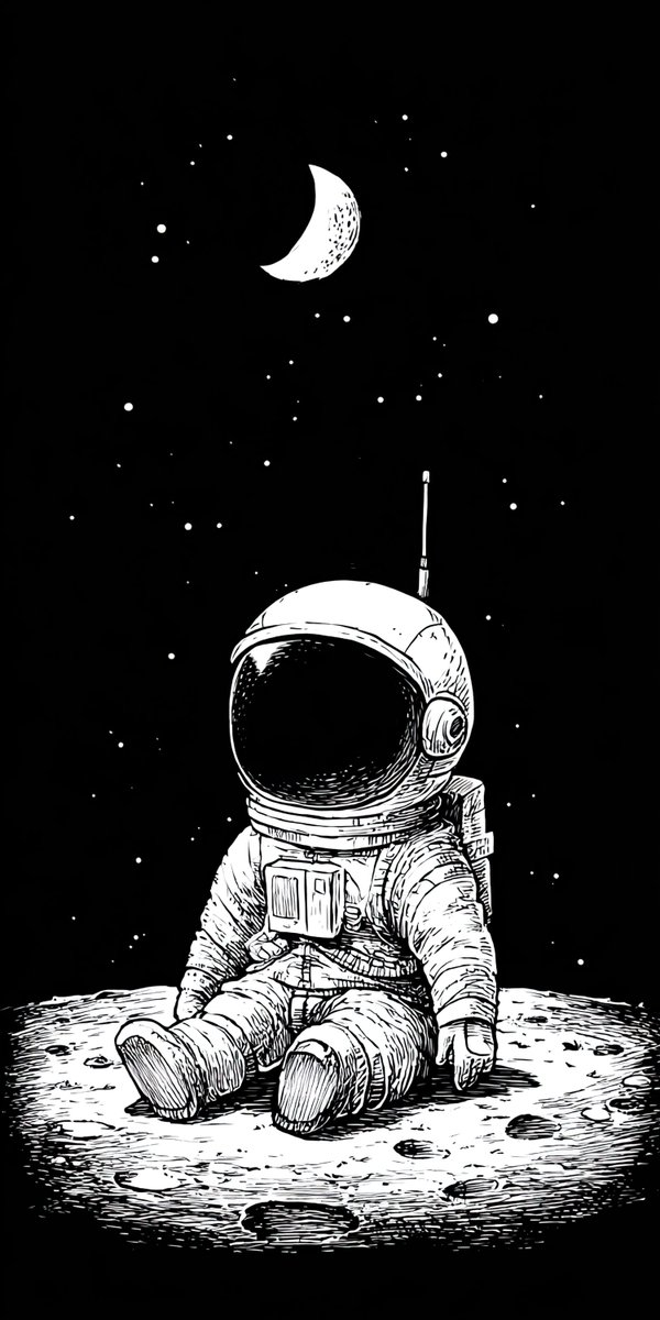 这幅图描绘了一位宇航员站在高草中，背景是星空和复杂的网状图案