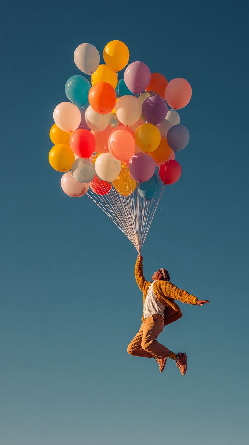 Uma pessoa voando no céu segurando balões coloridos
