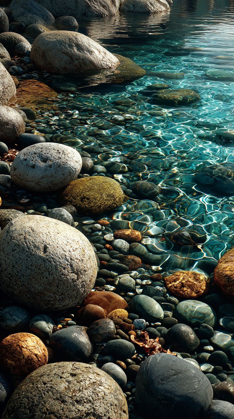 Clear jade green stream flowing over smooth pebbles