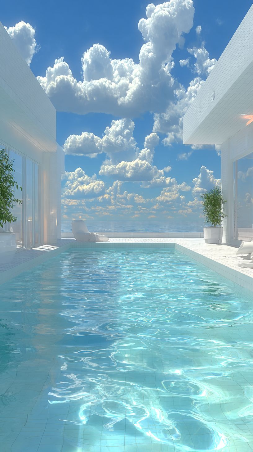 La piscina infinita de color verde espuma de mar refleja el cielo con una arquitectura acuática minimalista y una atmósfera de lujo