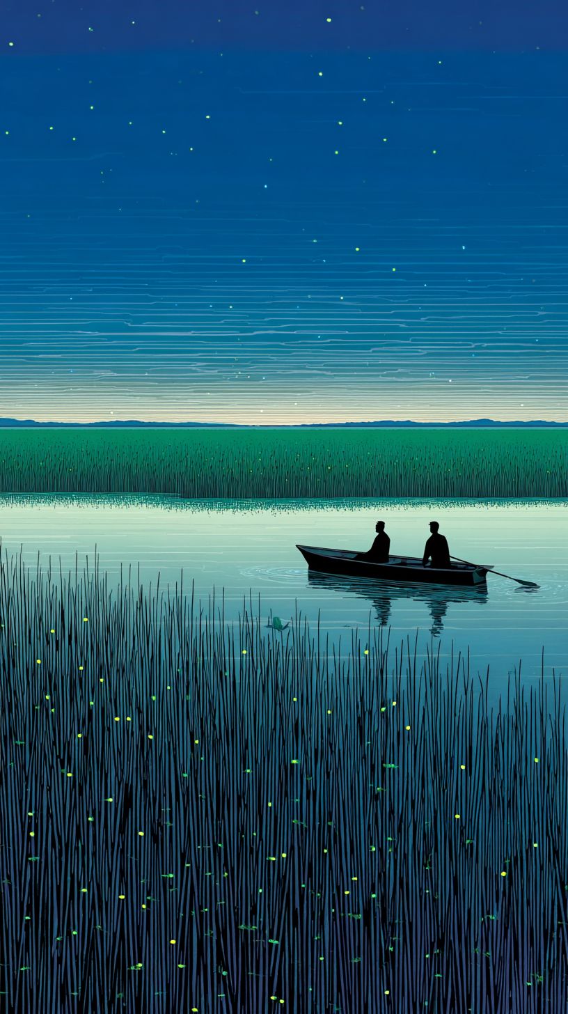黄昏の穏やかな湿地のイラスト、カヤツリグサとホタル、ボートを漕ぐ人影