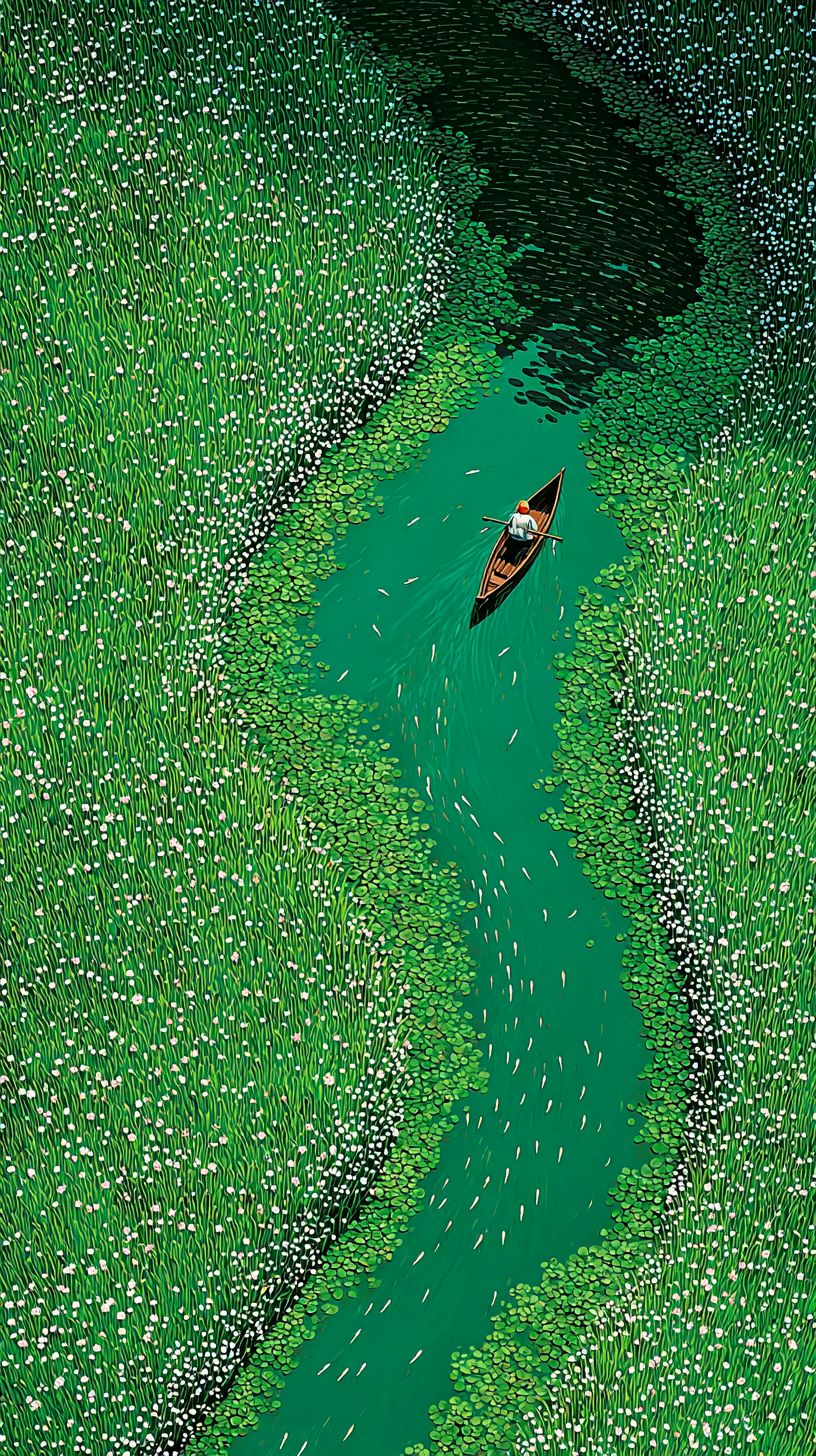 A painting of a clear stream winding through a meadow