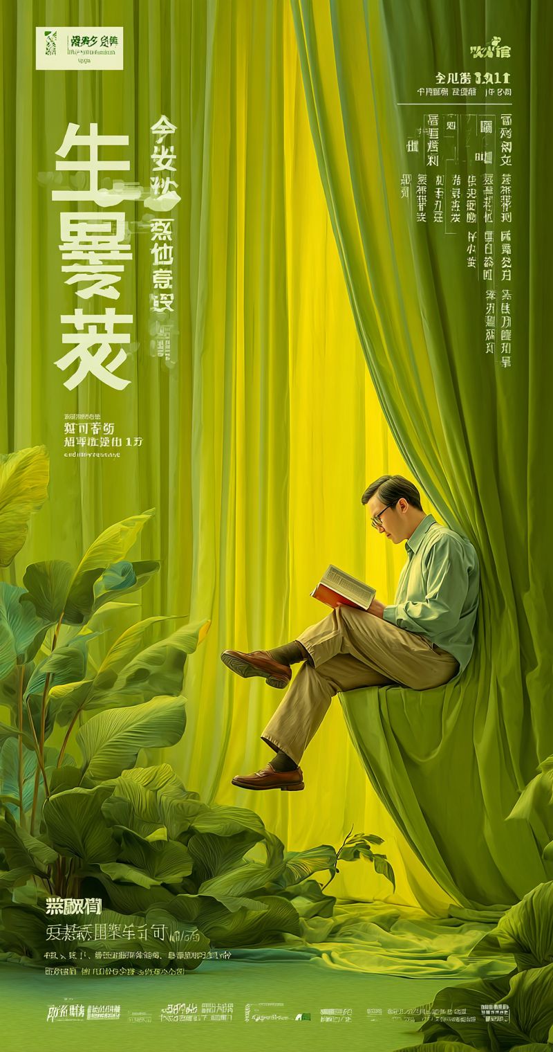 一位中国男性坐在绿色窗帘和浅黄色背景下阅读书籍，温馨氛围庆祝教师节