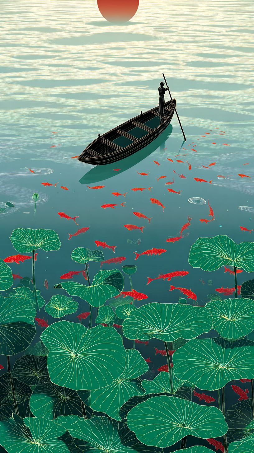 An artwork depicting a serene pond at sunrise