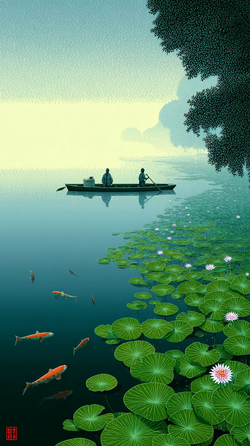 Uma ilustração de um lago tranquilo ao amanhecer, com névoa subindo da água e peixes koi nadando enquanto duas figuras remam em um barco