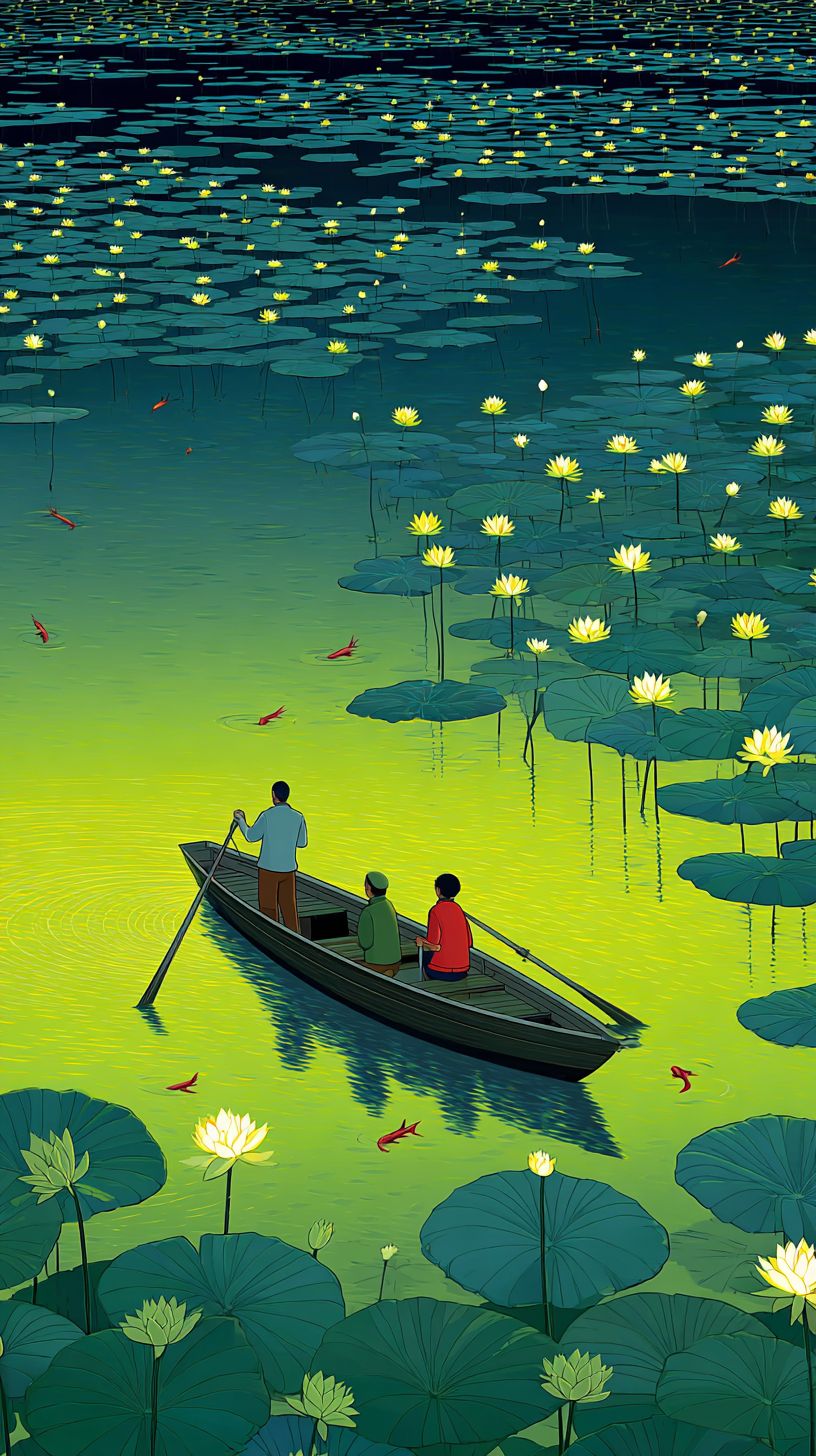Des fleurs de lotus fleurissent et des poissons nagent dans un étang paisible au crépuscule