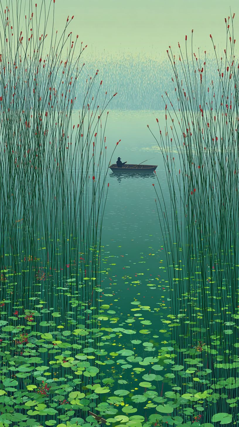 Una pintura de un pantano tranquilo con cañas altas junto al agua, ranas en hojas de lirio, peces nadando y una figura en una pequeña embarcación con una caña de pescar
