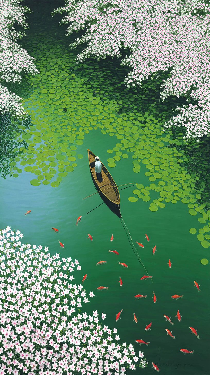 Une peinture d'une lagune sereine entourée d'azalées en fleurs, dont les reflets scintillent dans l'eau, tandis que des poissons koi nagent paresseusement sous les nénuphars et qu'un rameur solitaire dérive dans un petit bateau tenant une rame en bois