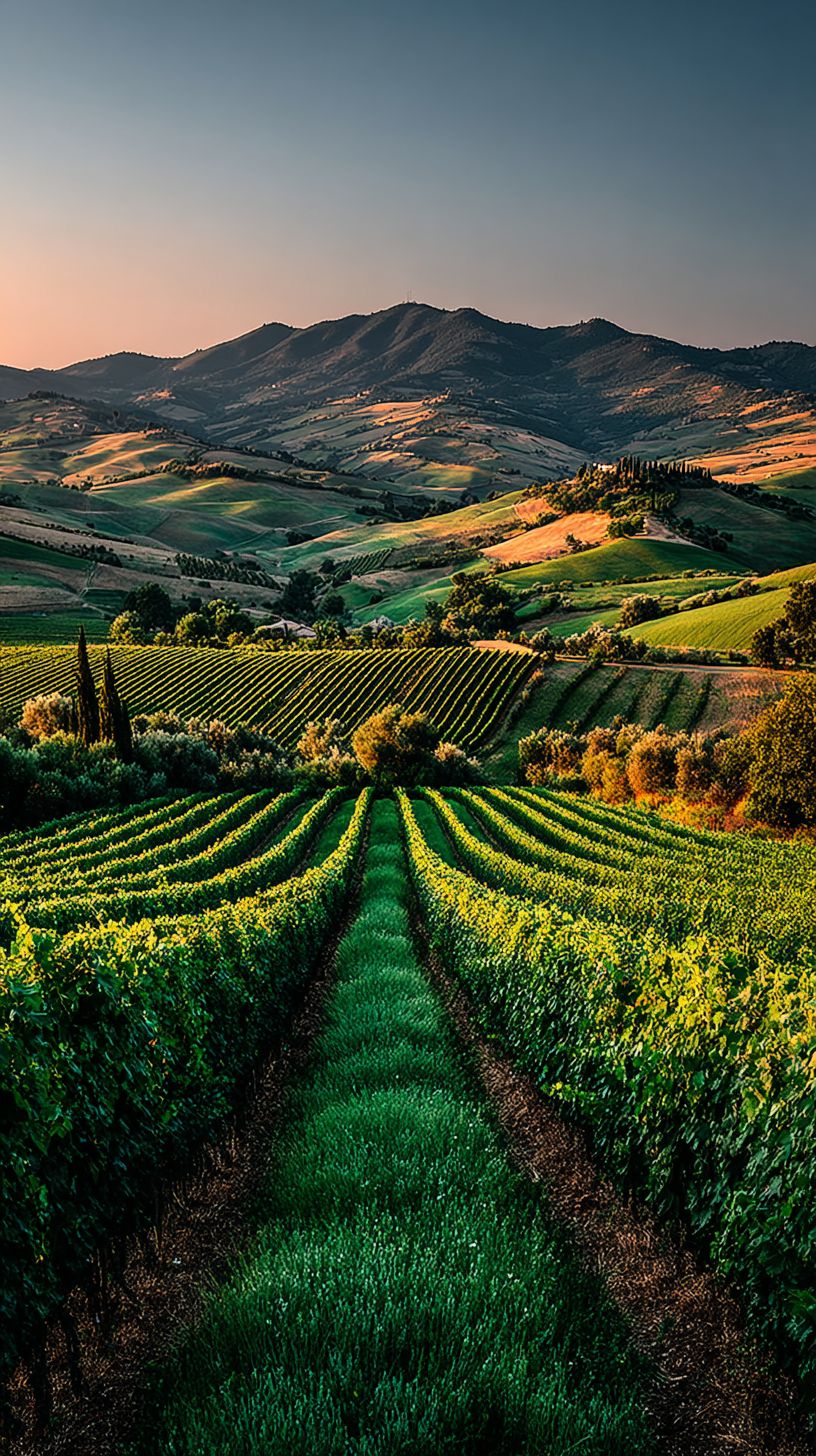 Olive green vineyard rows create a captivating agricultural landscape