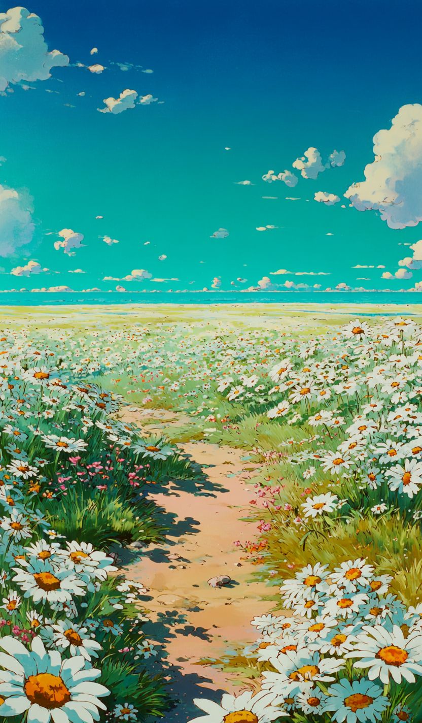 Uma cena de anime japonês dos anos 80 com um céu azul brilhante e margaridas brancas florescendo ao balançar suavemente na brisa