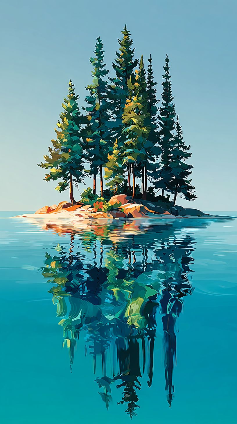 碧綠的湖水倒映著高聳的松樹，寧靜的夏日景象
