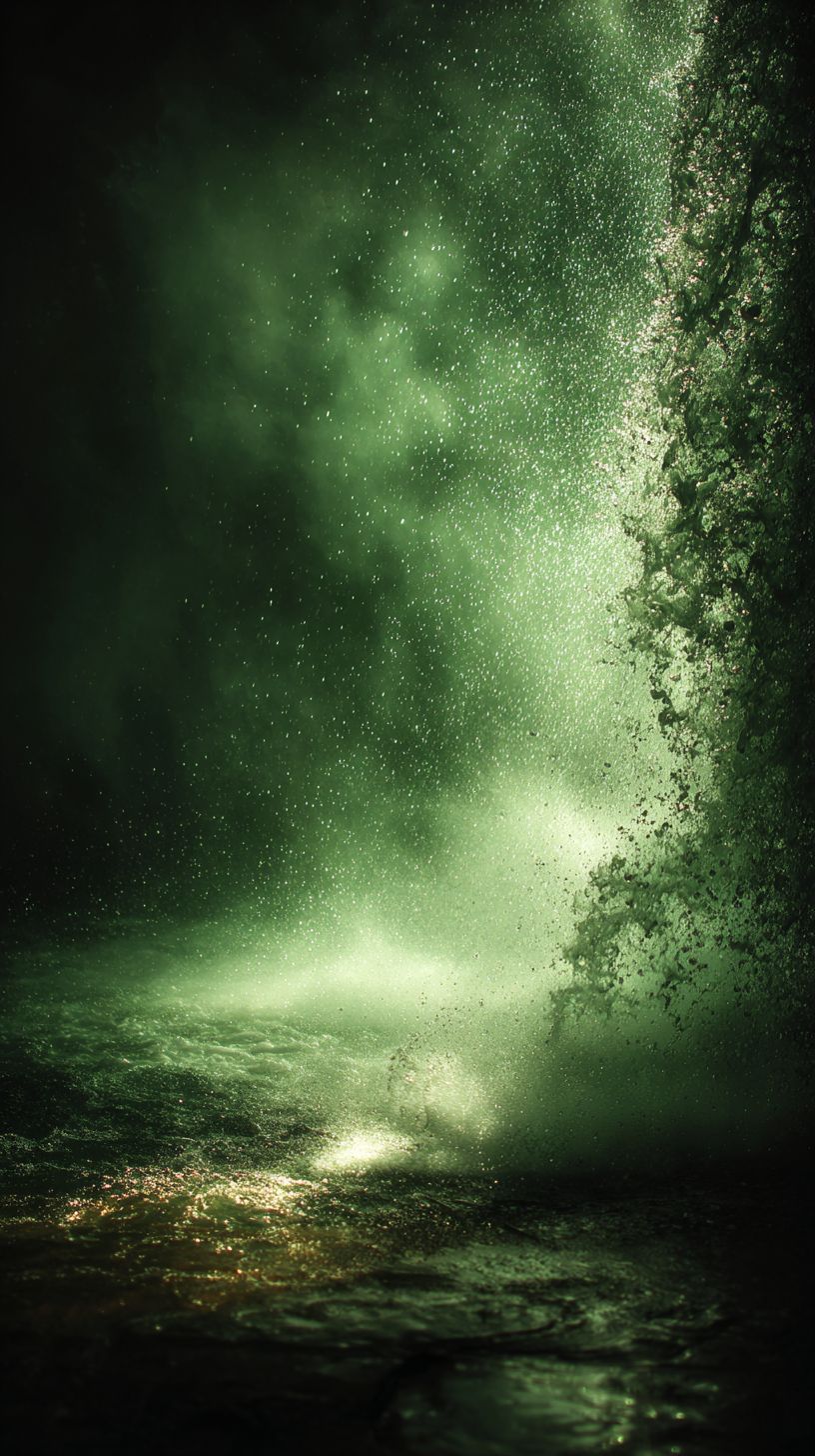 Brume de cascade de couleur menthe sous la lumière du soleil