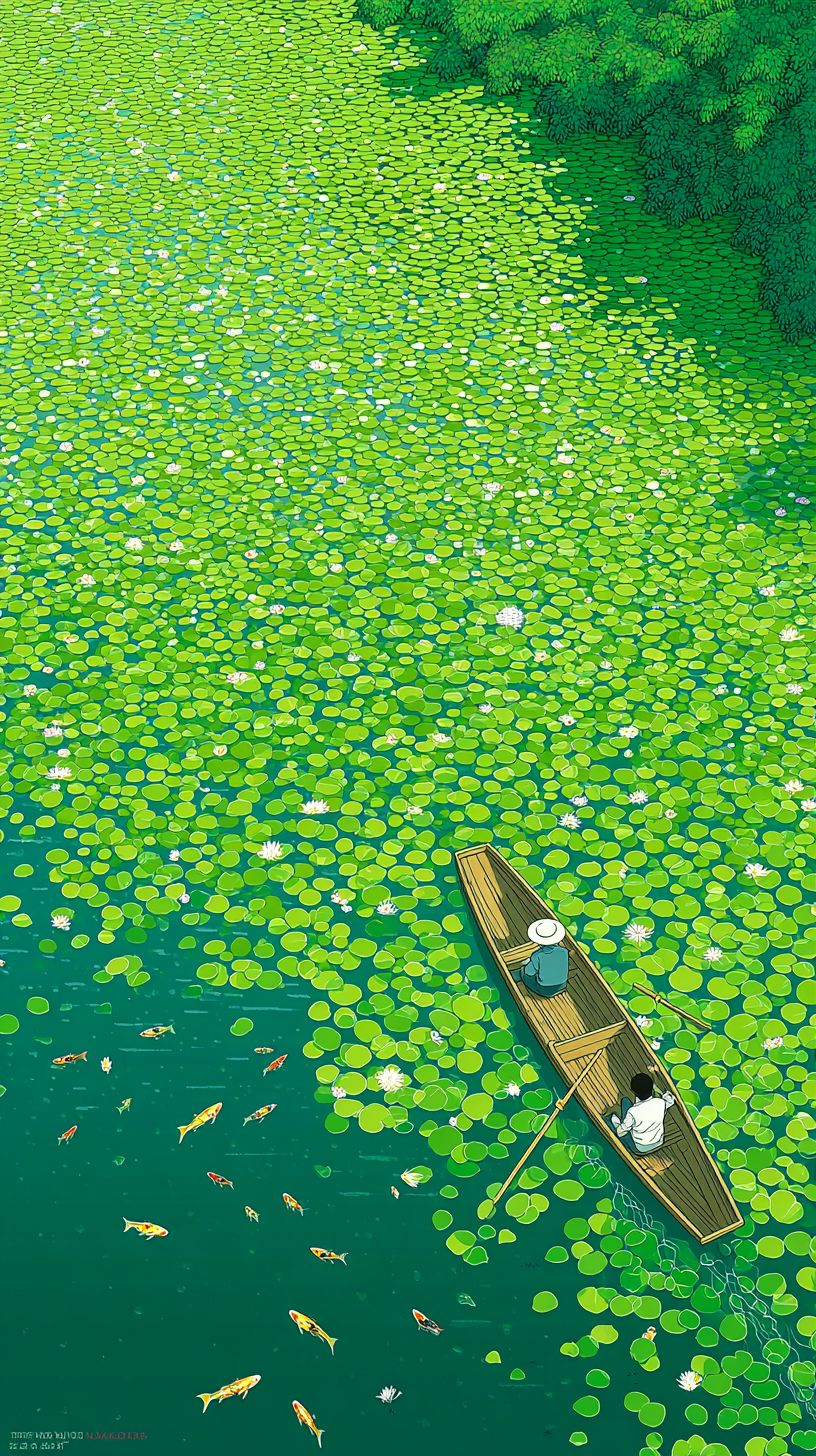 L'œuvre représente une rivière sereine avec des nénuphars flottants et deux personnes ramant lentement entourées d'une végétation luxuriante