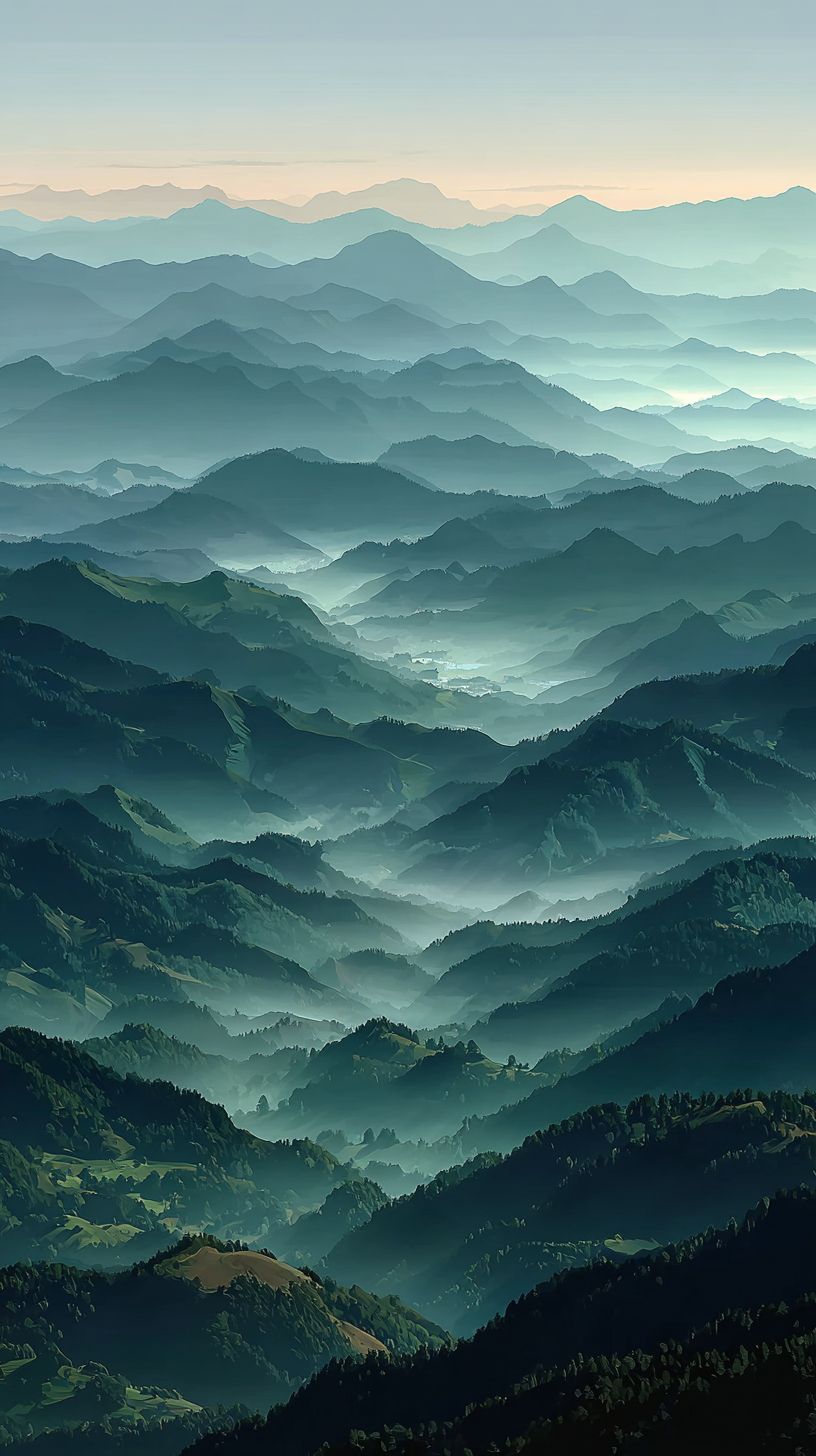 Sagegrüne Bergtalschaft im Morgennebel
