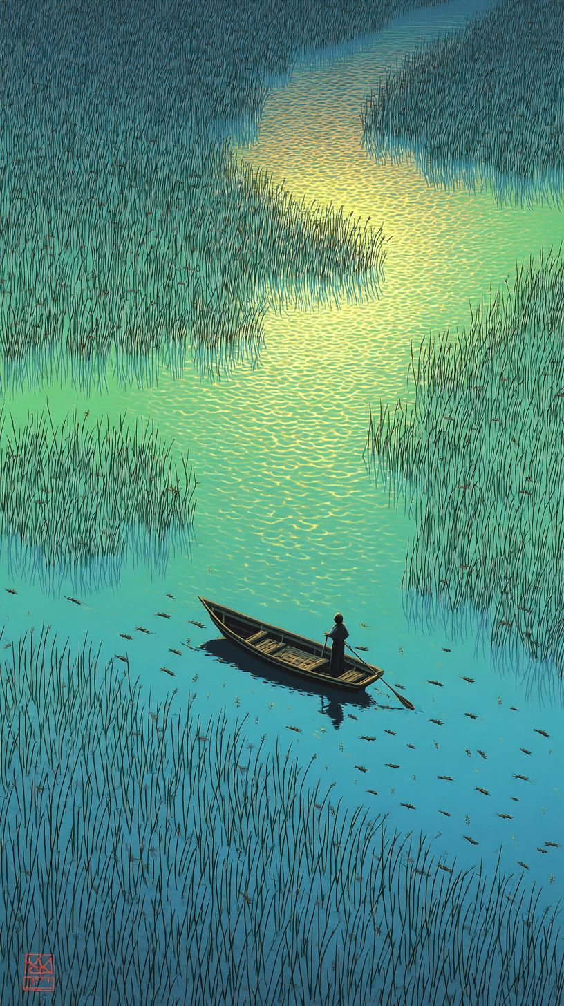 Une peinture d'un marais serein où les roseaux se balancent dans la brise, leurs reflets scintillent dans l'eau, et une figure solitaire dans une barque tenant un filet de pêche
