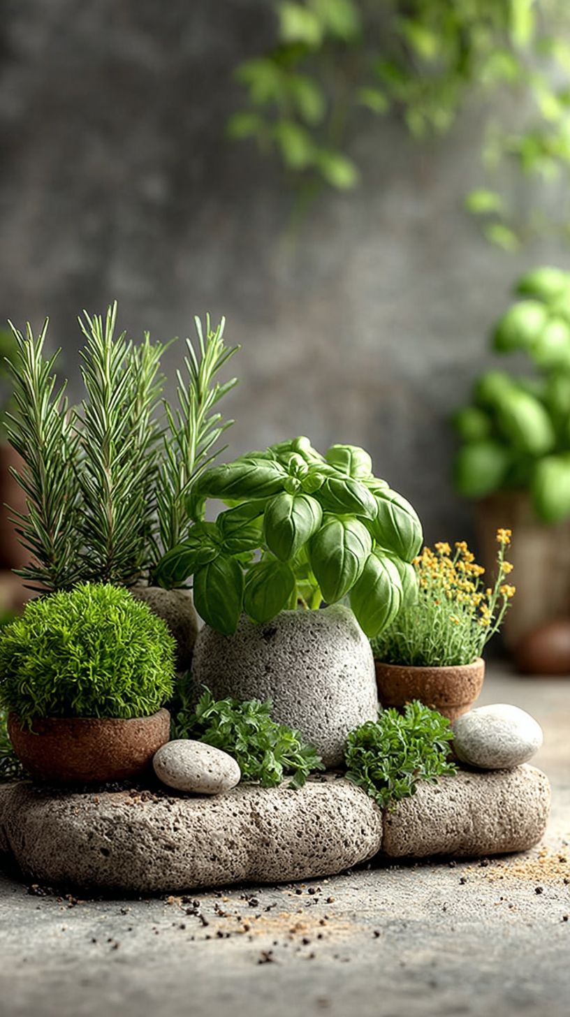 An olive green herb garden with aromatic plants