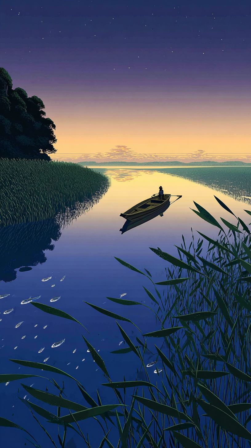 Une peinture d'une rivière tranquille au crépuscule avec un rameur solitaire