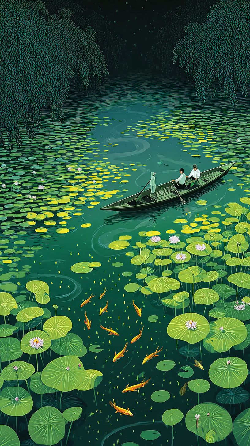 Ein Kunstwerk, das eine ruhige Lagune bei Dämmerung zeigt, mit Wasserlilien und breiten Blättern, die auf dem Wasser schwimmen und goldene Fische, die darunter gleiten