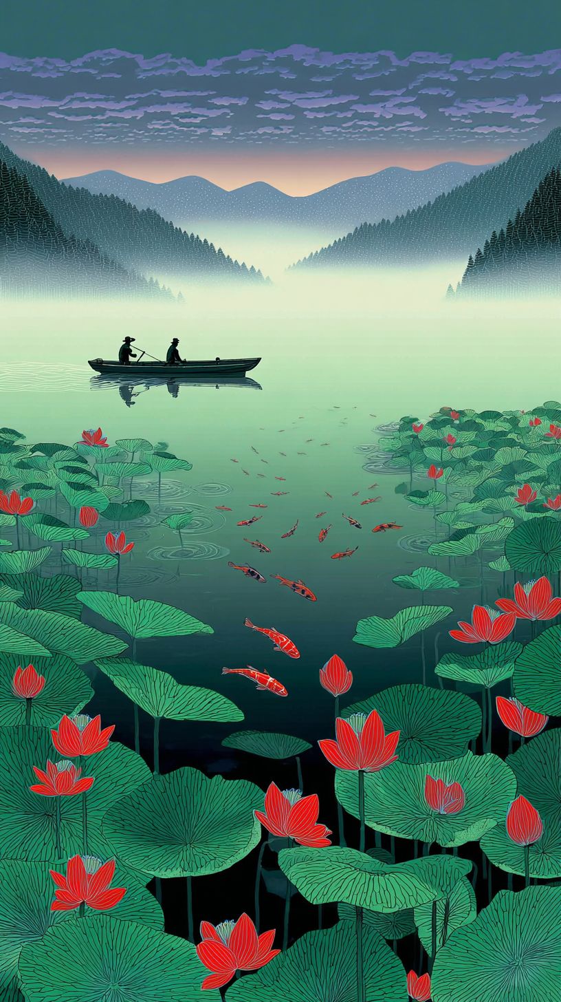 Une illustration d'un lac calme à l'aube avec des fleurs de lotus en fleurs et des carpes nageant