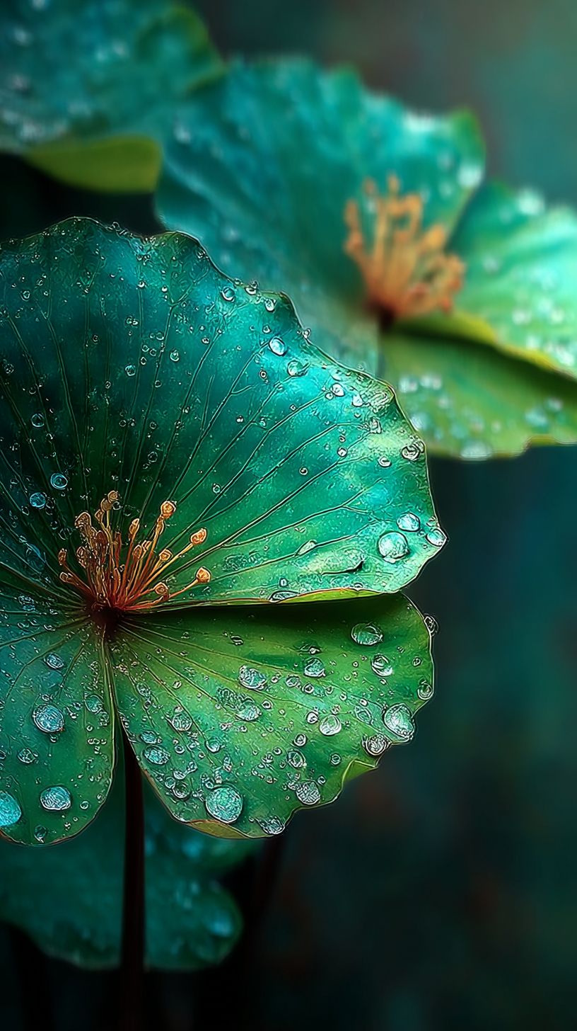 A seafoam green lily pad floats on dark water, creating a tranquil summer pond atmosphere