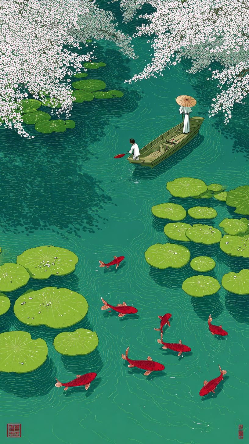 Um lago tranquilo cercado por flores de cerejeira com carpas nadando