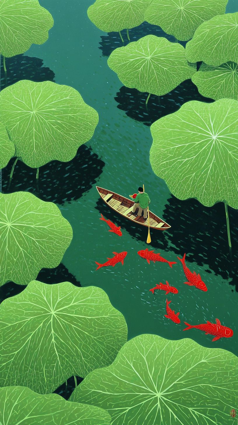Une peinture d'un lac serein entouré de feuilles de lotus brillantes avec des carpes rouges nageant en dessous