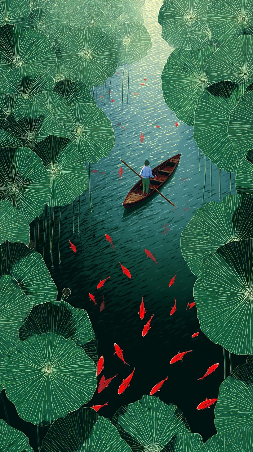Une illustration d'un lac tranquille entouré de fleurs de lotus et de carpes rouges