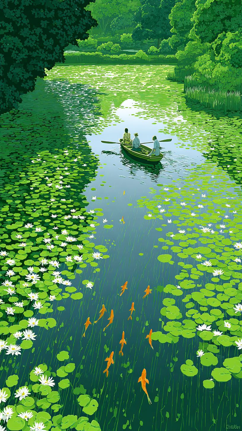Une peinture représentant une rivière sereine avec des nénuphars et des poissons dorés, deux personnes dans une barque entourées de verdure