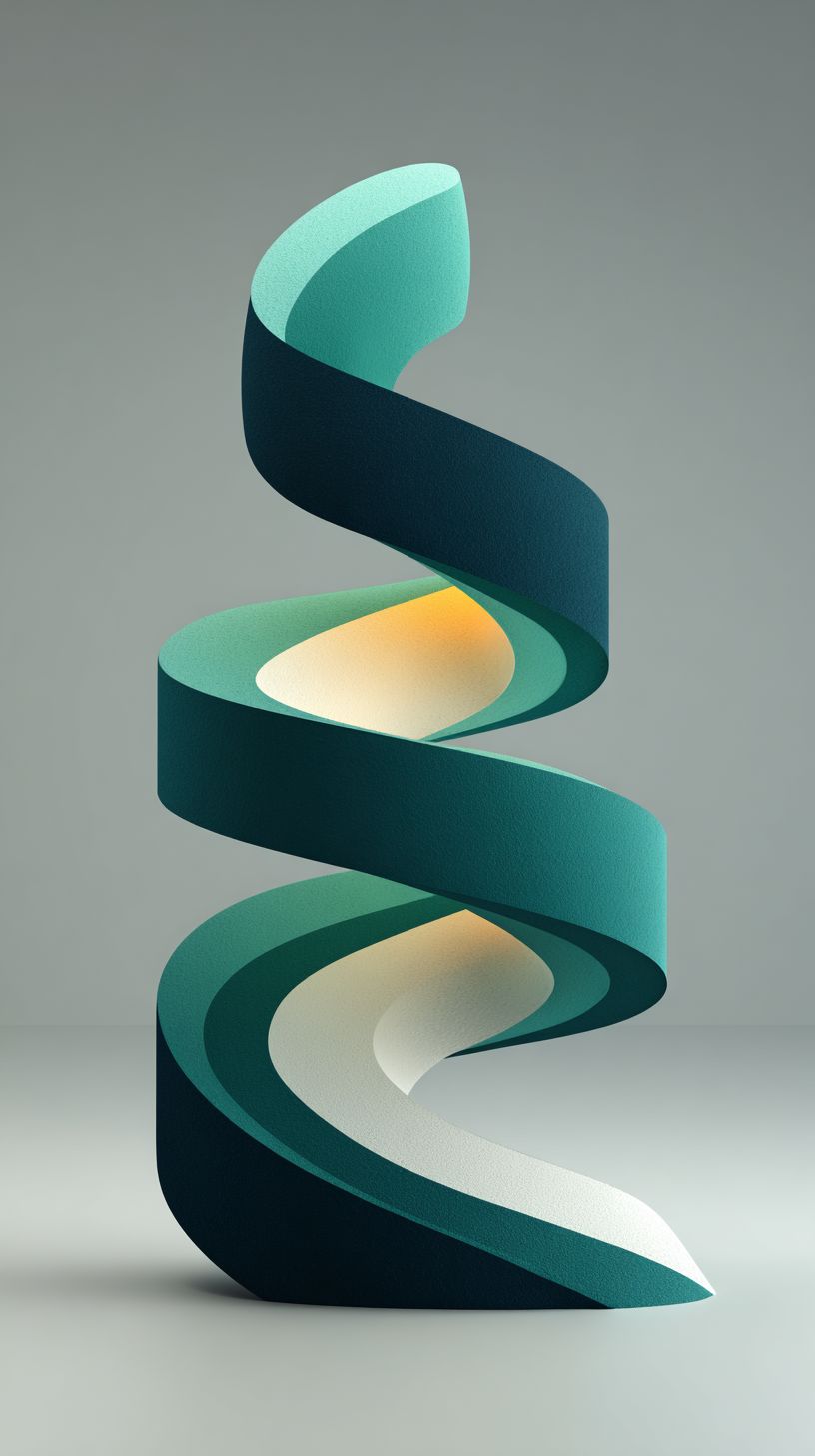 Abstract emerald spiral ascending vertically in minimalist design