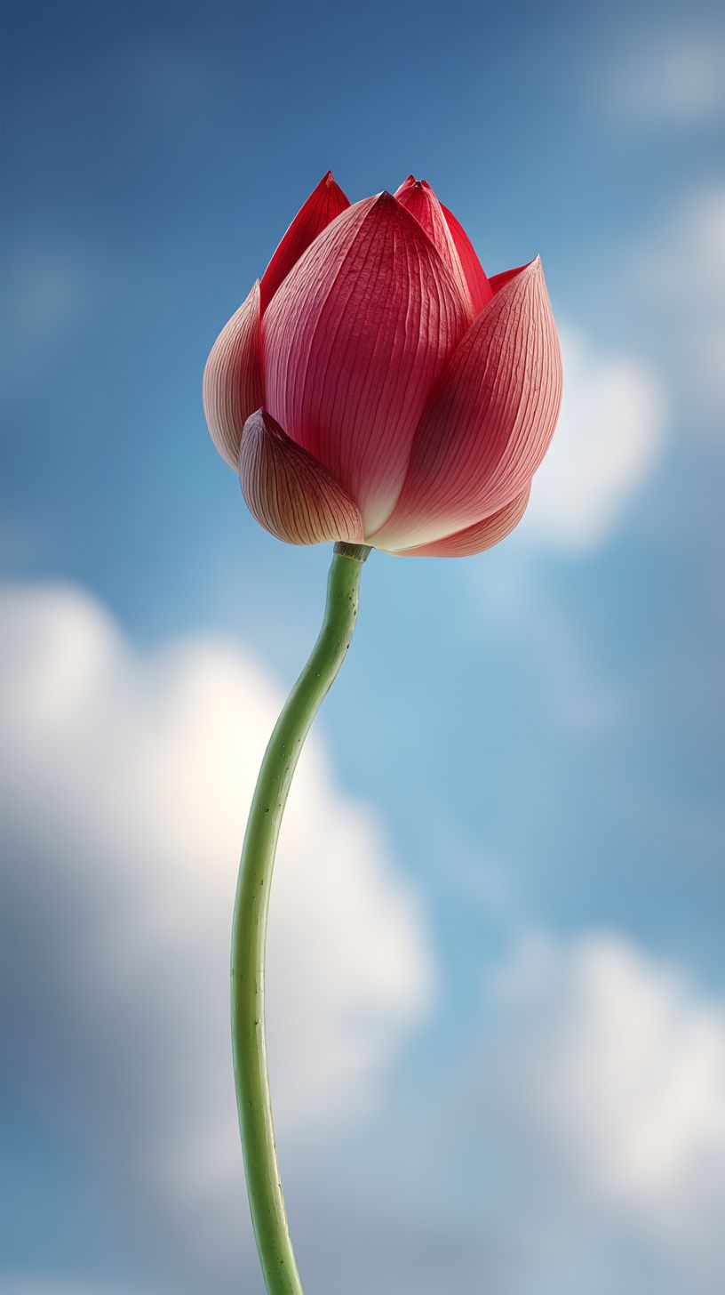 A red Vietnamese lotus flower bud on a long green stem with a blue sky and white clouds background