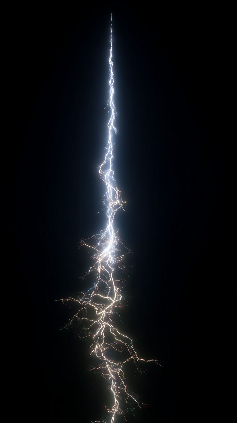 A vertical lightning bolt tapering from thin at the top to thick at the bottom on a black background