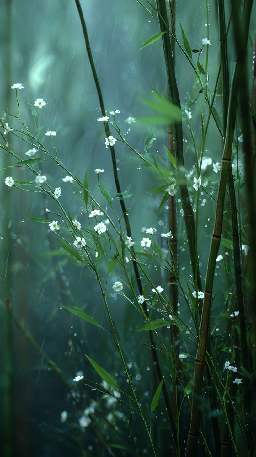 Um tranquilo grove de bambu com caules verdes delgados, pequenas flores brancas escondidas entre as folhas e o som distante de um riacho gotejando