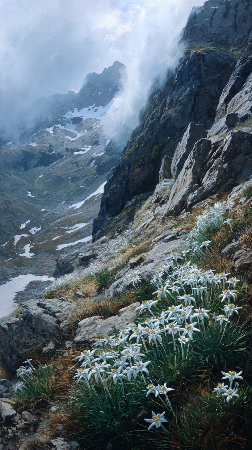 A rugged mountain slope has white edelweiss flowers