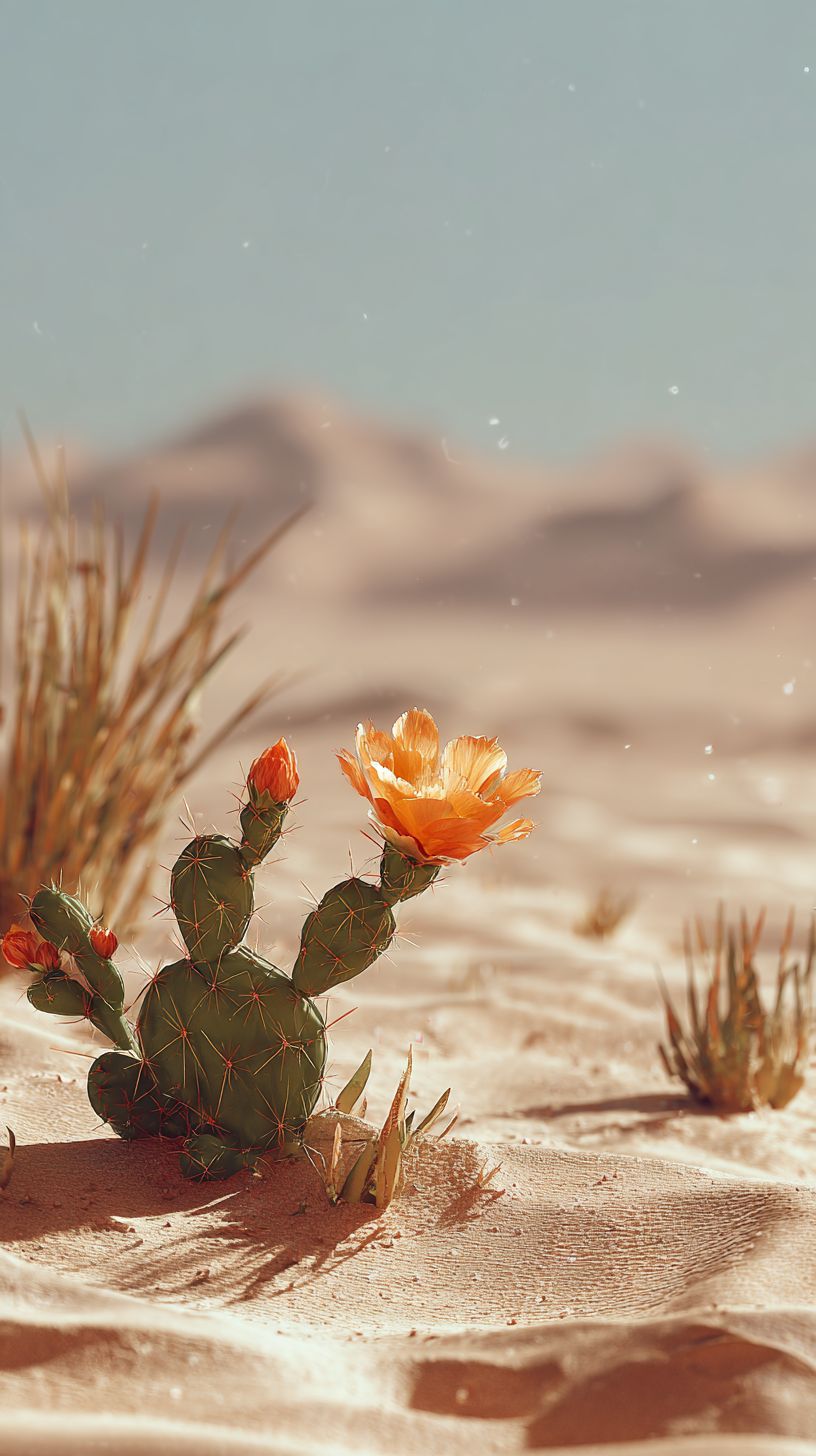 A desert oasis features a blooming cactus with bright orange petals contrasting the sandy dunes