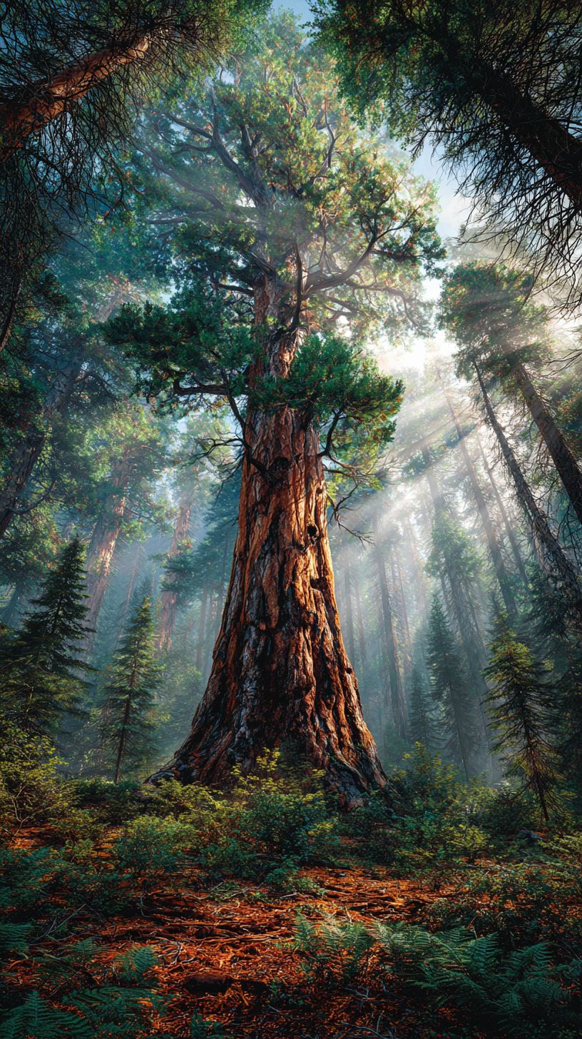 A towering sequoia tree in a misty forest