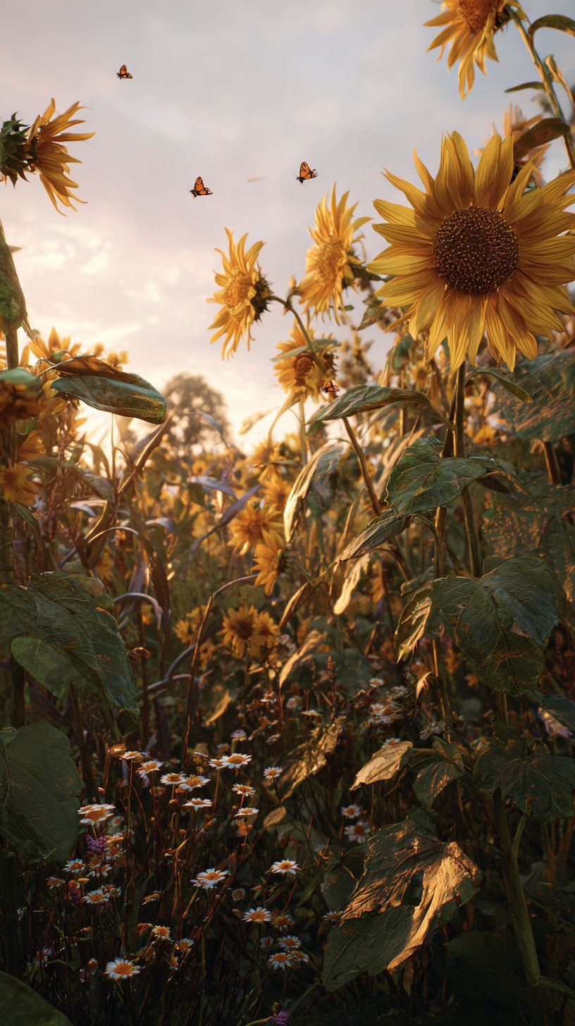 A sunflower field at golden hour with green stems and yellow petals accompanied by wild daisies and bees