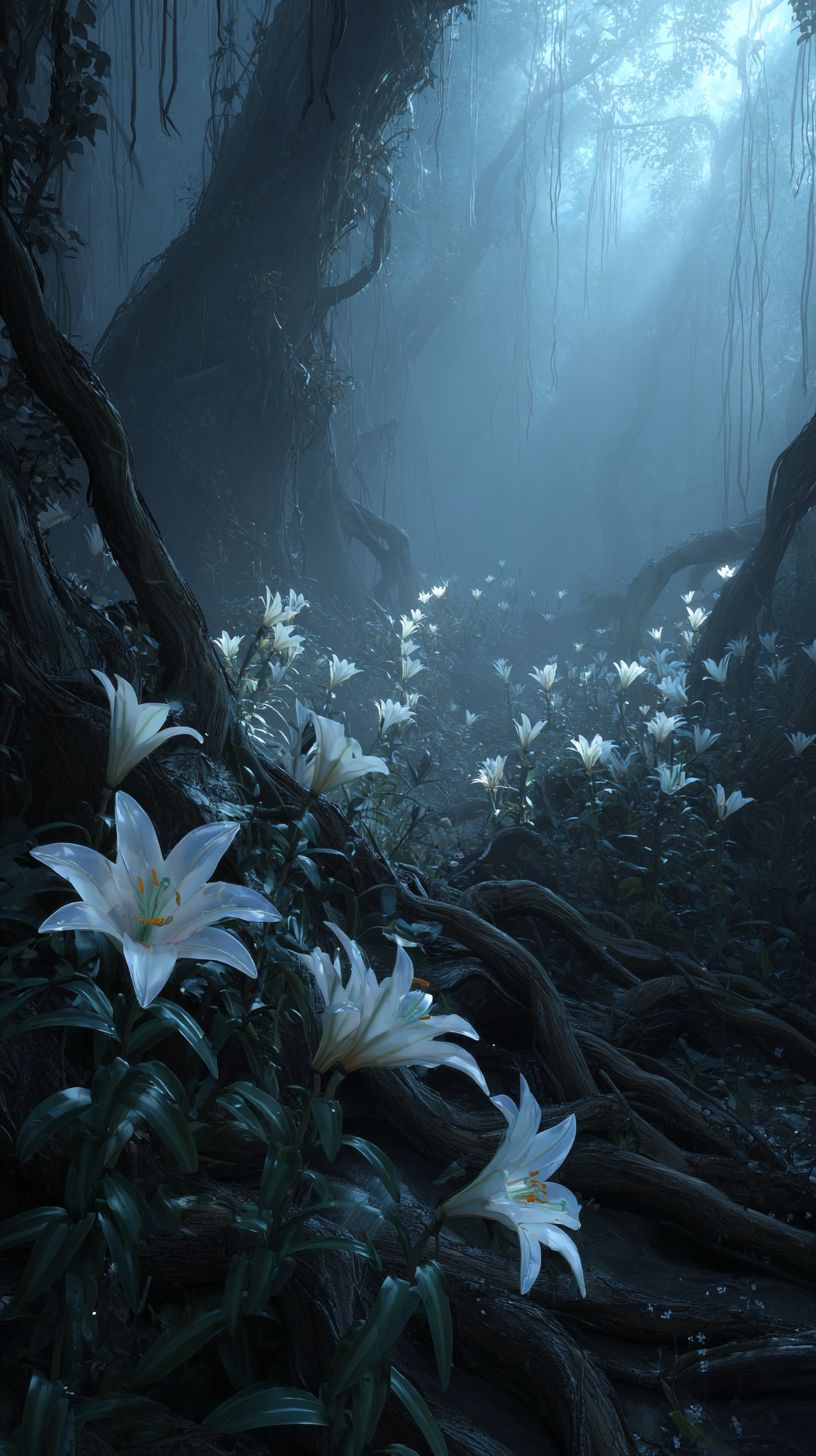 Un bosque encantado oscuro con lirios blancos brillantes