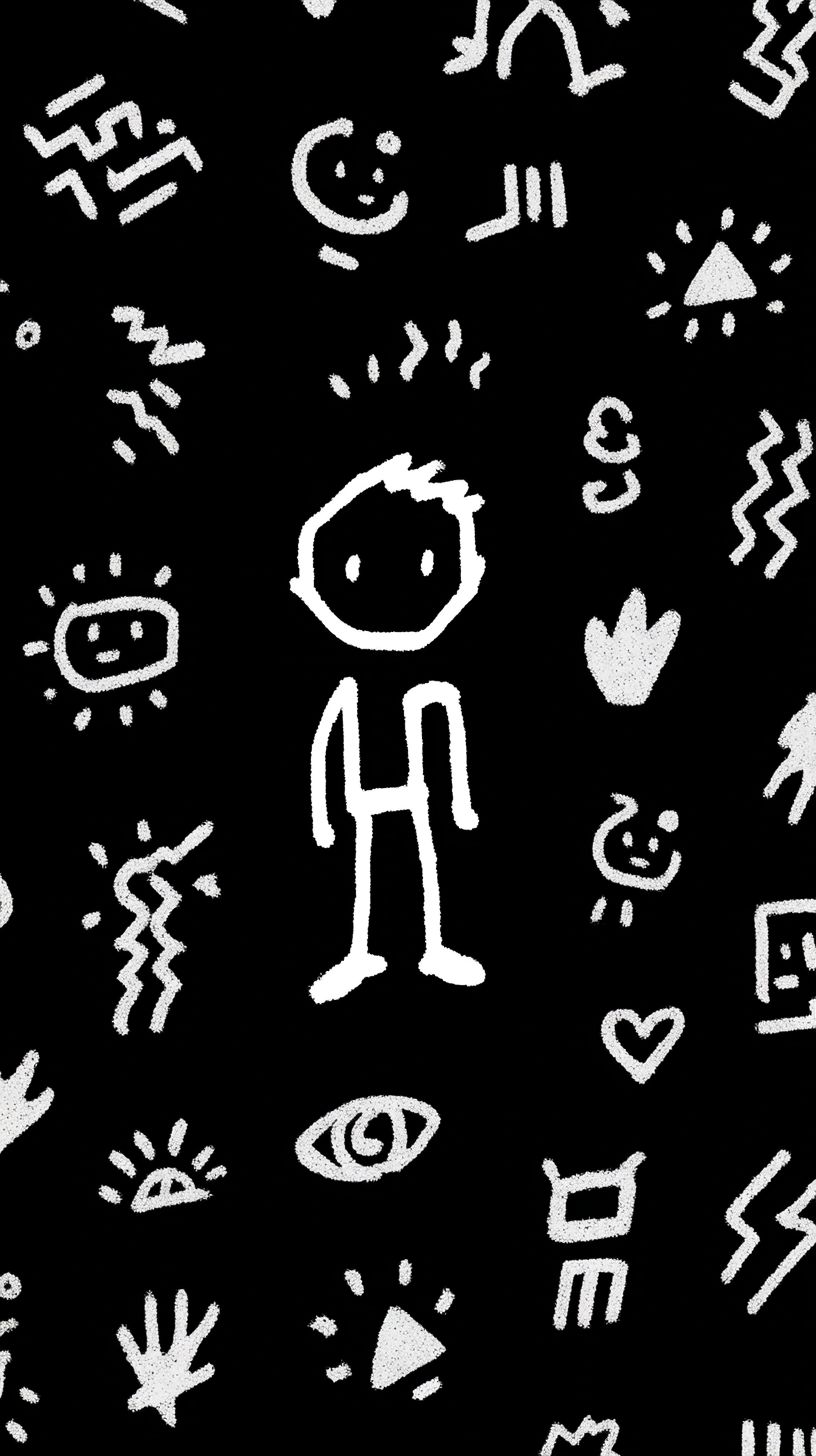 Dibujo de figuras de palitos grandes al estilo de Keith Haring sobre un fondo negro