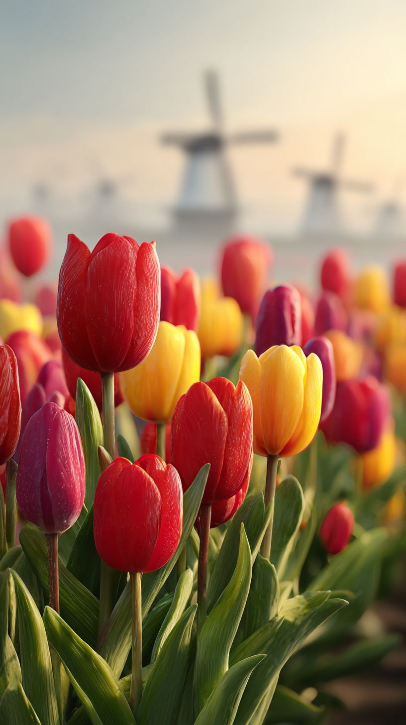 A vibrant Dutch tulip garden in spring with rows of red and yellow tulips
