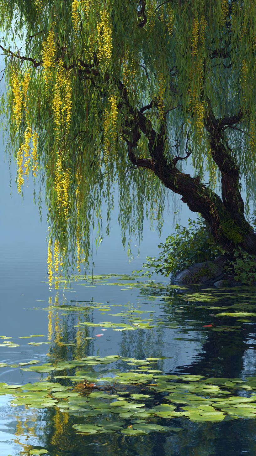 Eine Weide an einem ruhigen See, hängende Äste mit kleinen gelben Blumen, reflektierendes Wasser mit Seerosen und sanften Wellen von einem Fisch, ruhig und üppig