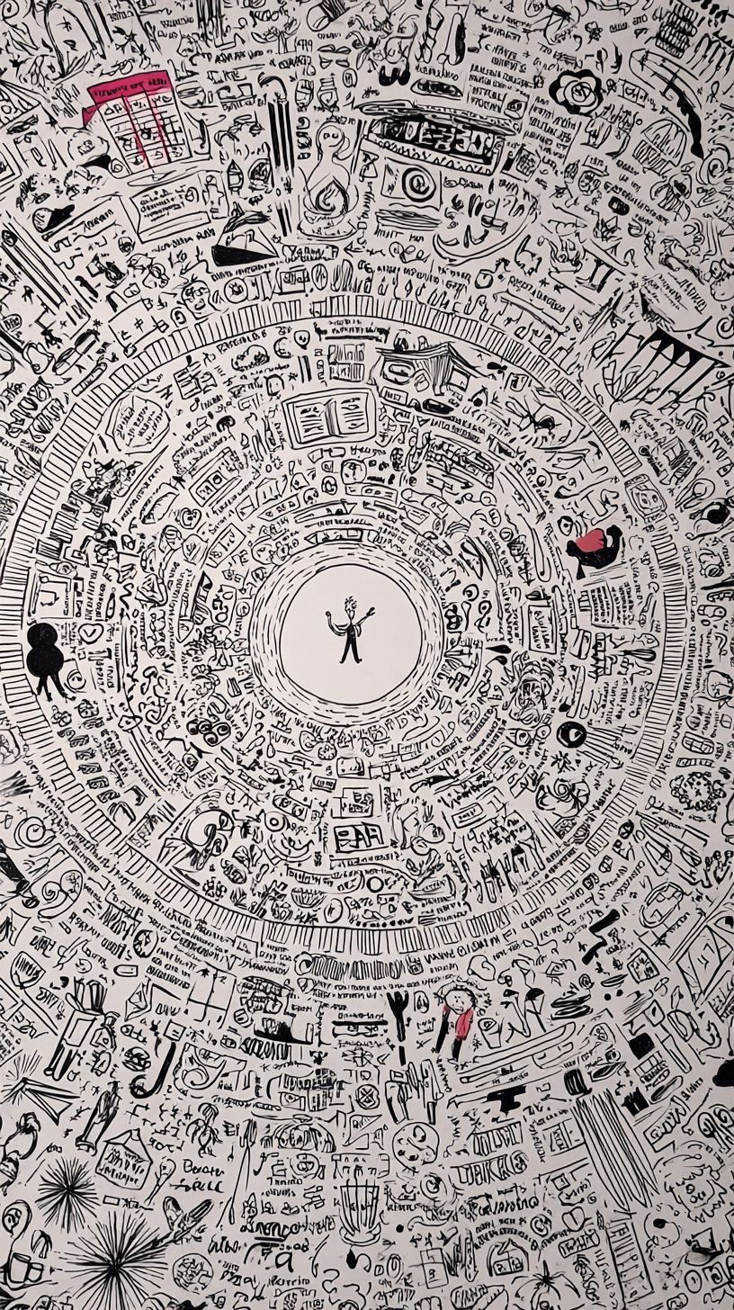 Un fond blanc avec des dessins d'activités parascolaires comme la musique, la danse, le théâtre et l'art rayonnant d'un point central