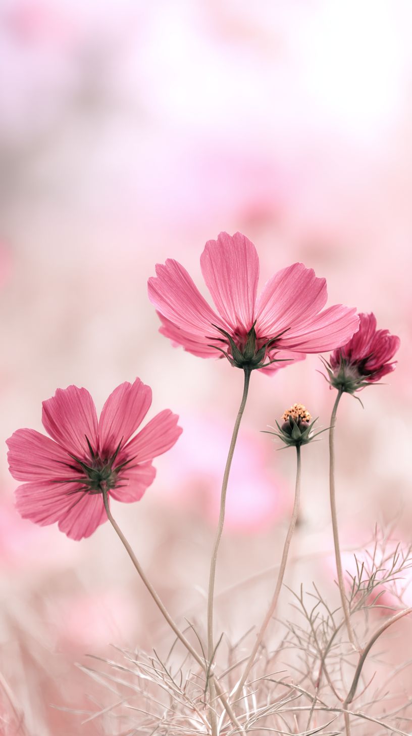 霧の中に立つ深紅のコスモスの花々は柔らかなピンクの空を反映し、自然の静けさの美しさを示しています