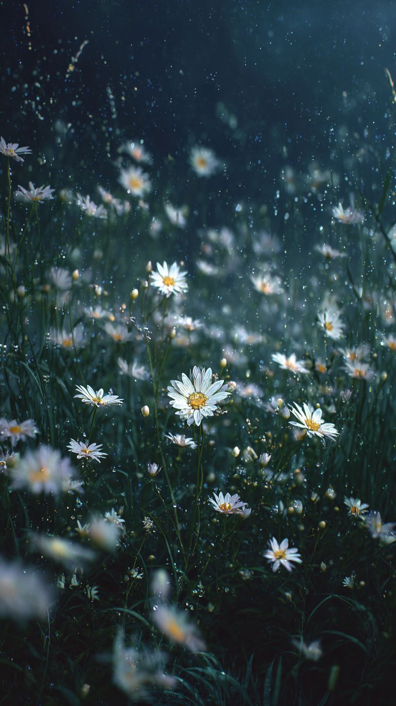 Un campo de margaritas silvestres bajo un cielo estrellado, pacífico y místico