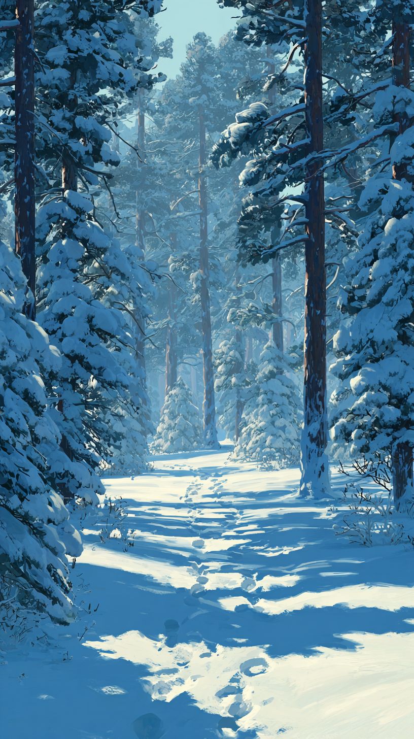 A snowy pine forest with evergreen trees
