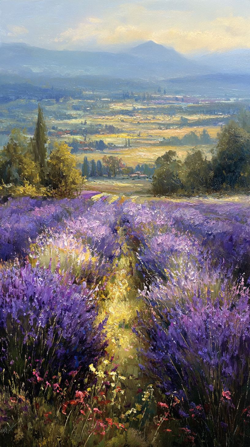 A field in Provence filled with blooming purple lavender and morning dew on petals