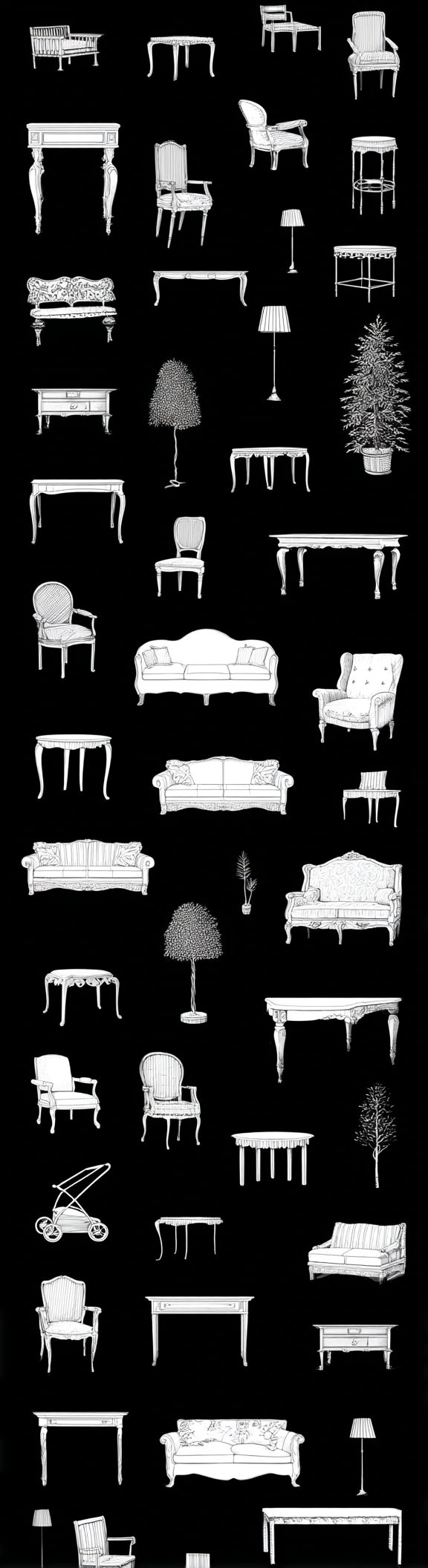 The page background is black and features silhouettes of various furniture