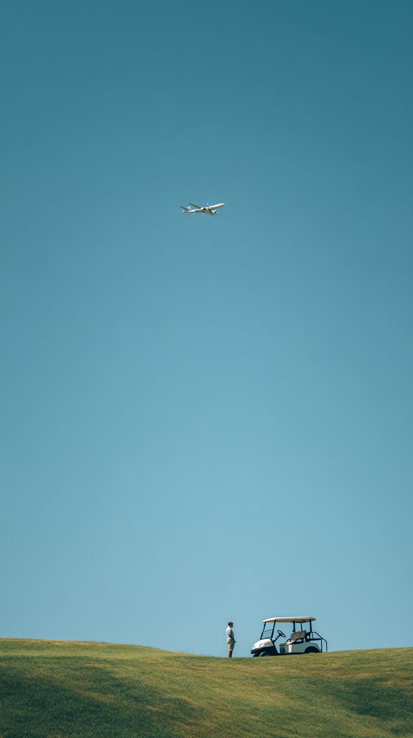 Un hombre está de pie al lado de un carrito de golf blanco en un campo de golf, mirando hacia arriba a un pequeño avión en el cielo azul claro