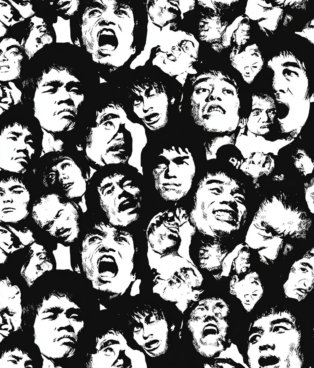 A pattern of Bruce Lee faces in black and white forms an endless grid symbolizing the diversity of emotions