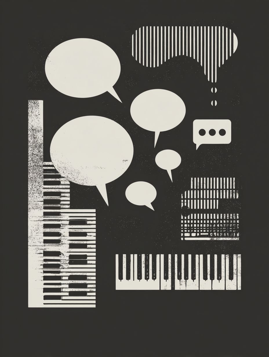 A minimalistic black and white illustration with an architectural or musical theme featuring icons of exhaustion, piano keys, and speech bubbles against a dark gray background with a large text space at the top left